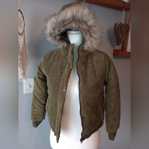 Tilly's White Fawn Corduroy Faux Fur Trim Hooded Puffer Jacket